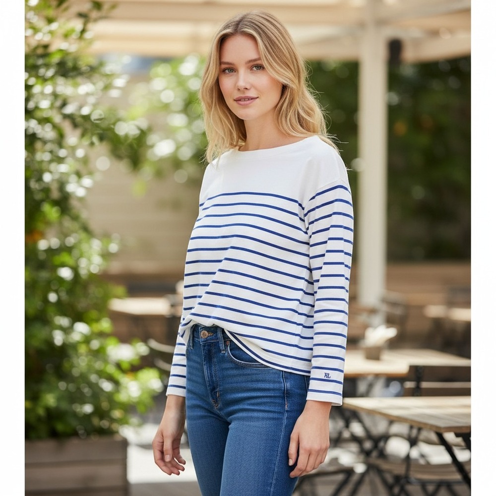 Lauren Ralph Lauren White with Blue stripesâ Cotton Jersey Boatneck Top Coastal